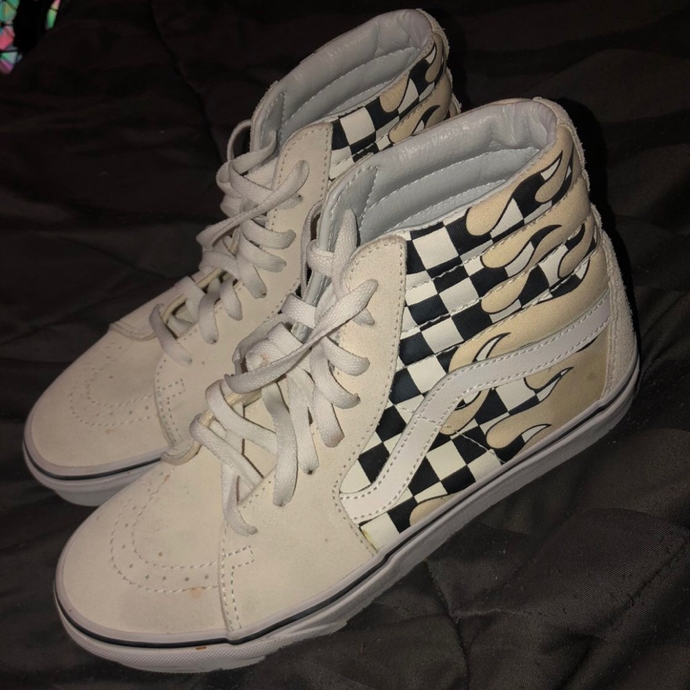 cream checkered high top vans